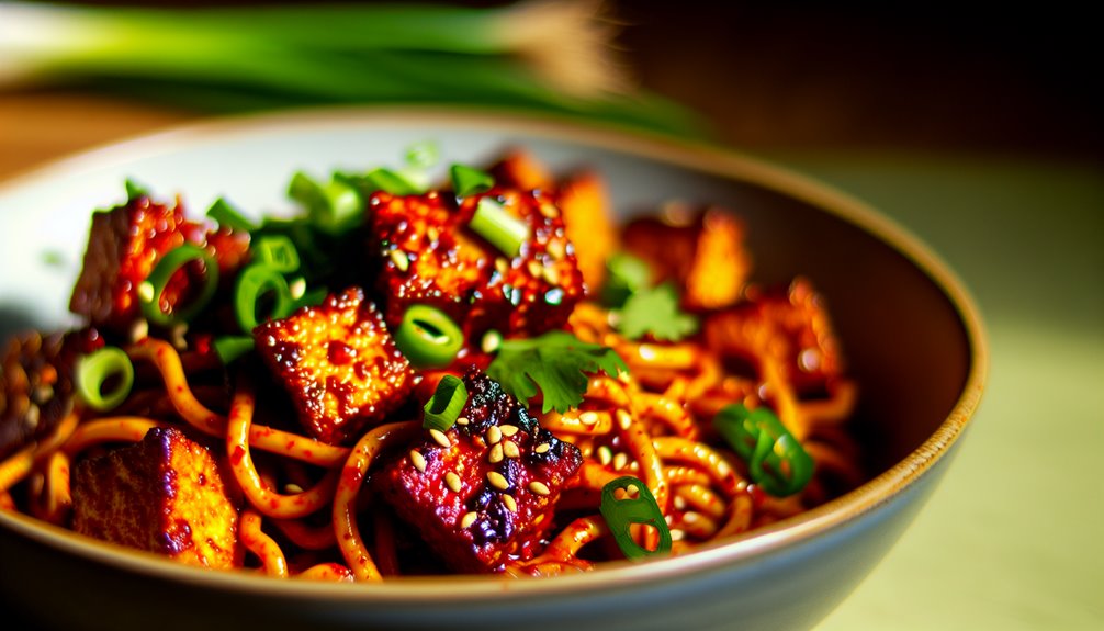 Rapeaa tempeä szechuan-nuudeleissa