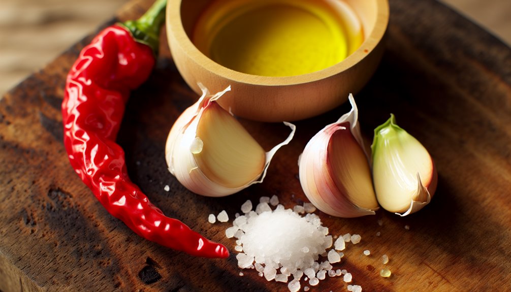 erilaisia chiliä ja valkosipulia